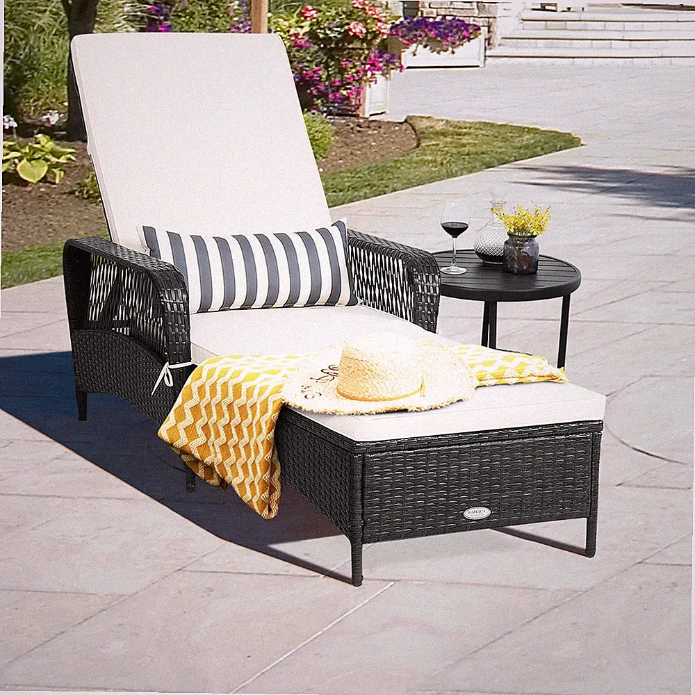 Adjustable Patio Rattan Lounge Chair Chaise Recliner w/ Cushion & Pillow