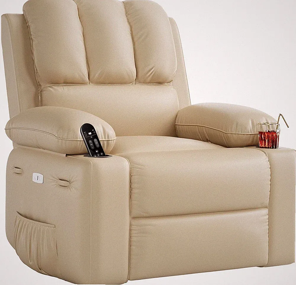 Beige Oversized Power Recliner Chair with Massage, Heat, and USB Ports