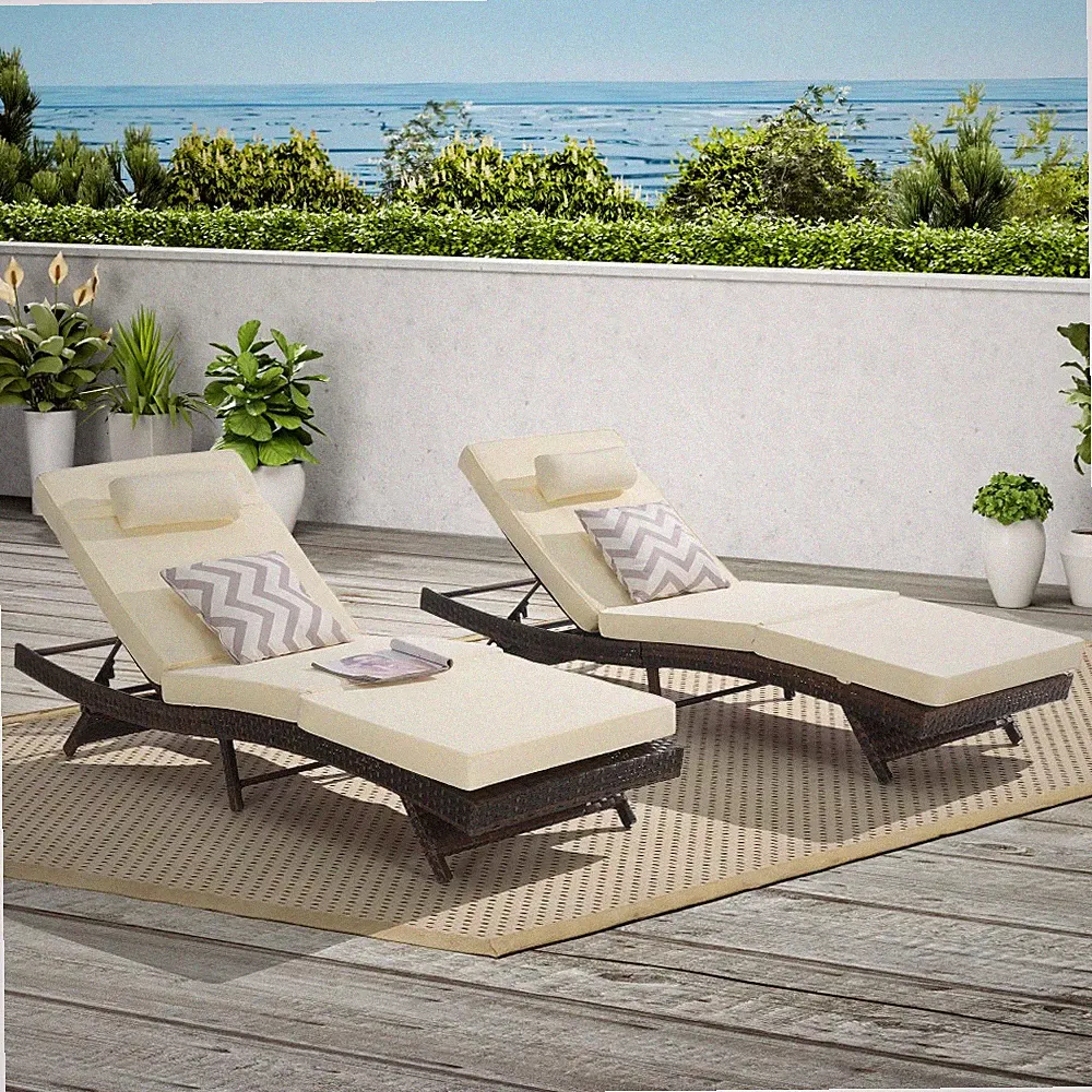 Outdoor Wicker Reclining Lounge Chair Set of 2, Khaki, 150° Recline