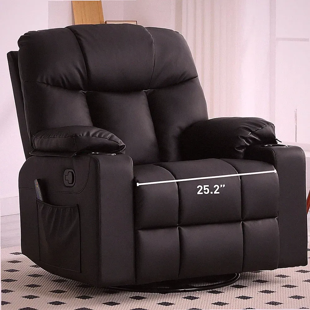 Oversized Swivel Rocker Recliner with Heat & Massage, Black PU Leather